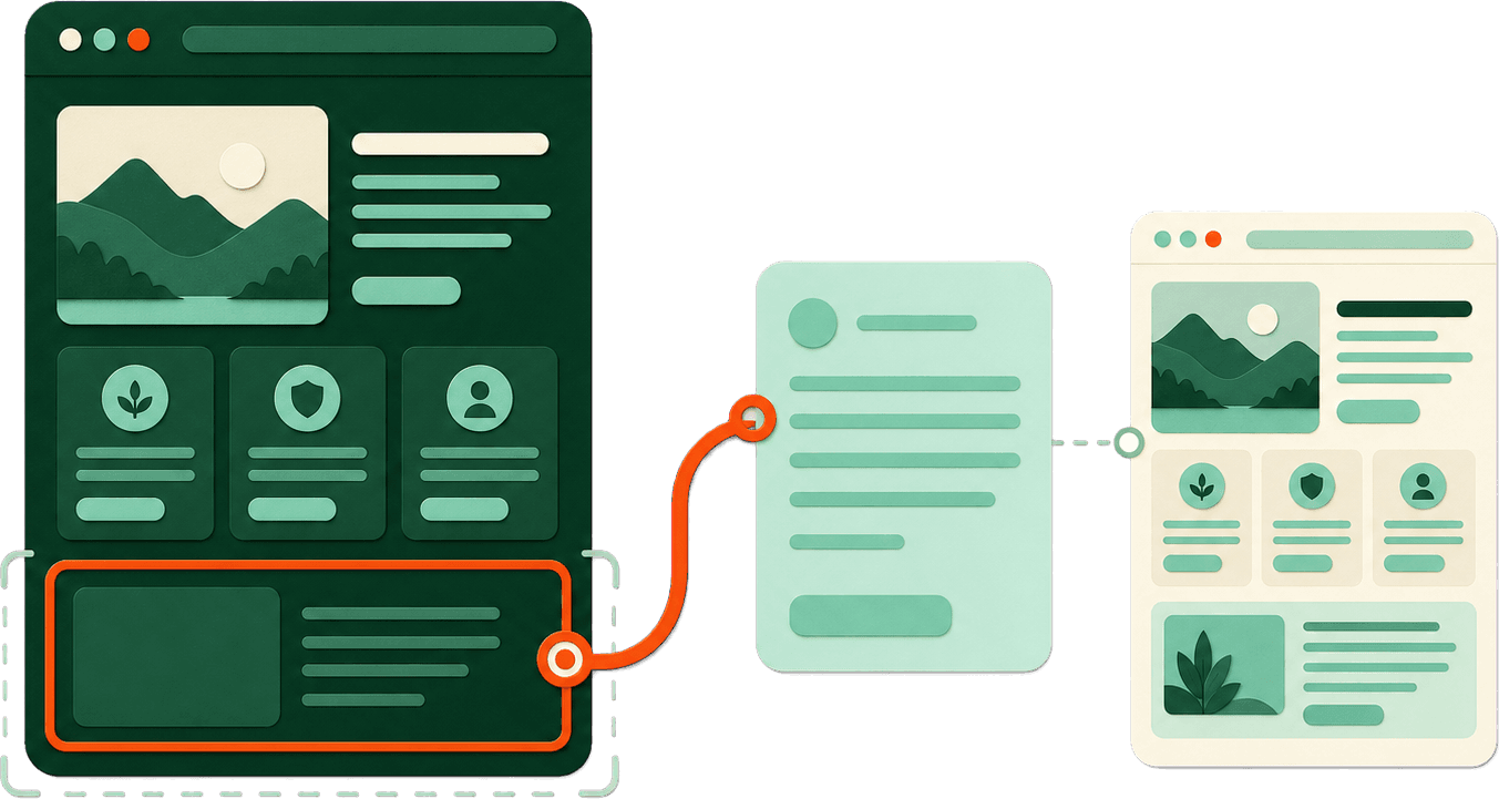 A website issue is highlighted, then connected by an orange hook to a helpful outreach message and a small improvement preview.